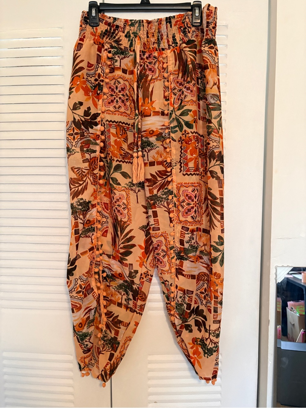 Boho Tropical Harem Pants in Peach & Orange| Split Leg Pom Pom Trim | Size L